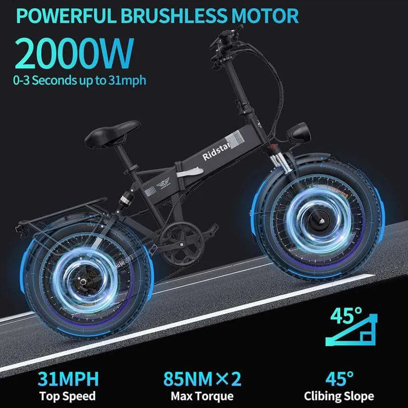 Ridstar Folding Electric Bike H20 Pro 2000W Dual Motor 48V 23AH Battery