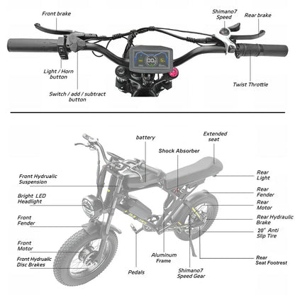 POLEEJIEK Electric Bike 3000W Dual Motors 48V 25.6Ah Battery