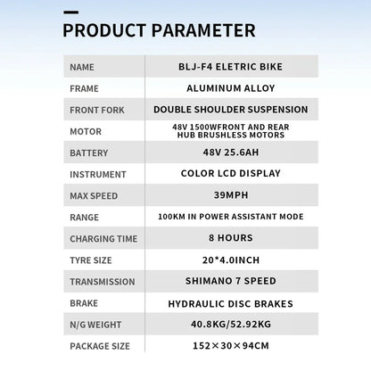 POLEEJIEK Electric Bike 3000W Dual Motors 48V 25.6Ah Battery